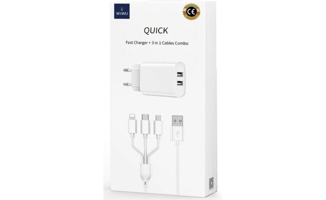 WIWU Wi-U003 Quick Series Dual USB Charger with 3 in 1 USB To Type-C + Lightning + Micro, Charging Data Cable Set- White